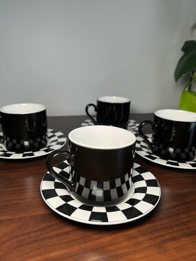 Checkerboard black and white Espresso Cups & Saucers Set Of 8 pieces.
